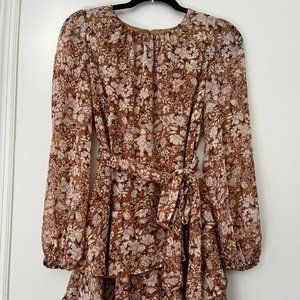 EXPRESS Long Sleeve Metallic Floral Tie Waist Tiered Ruffle Mini Dress